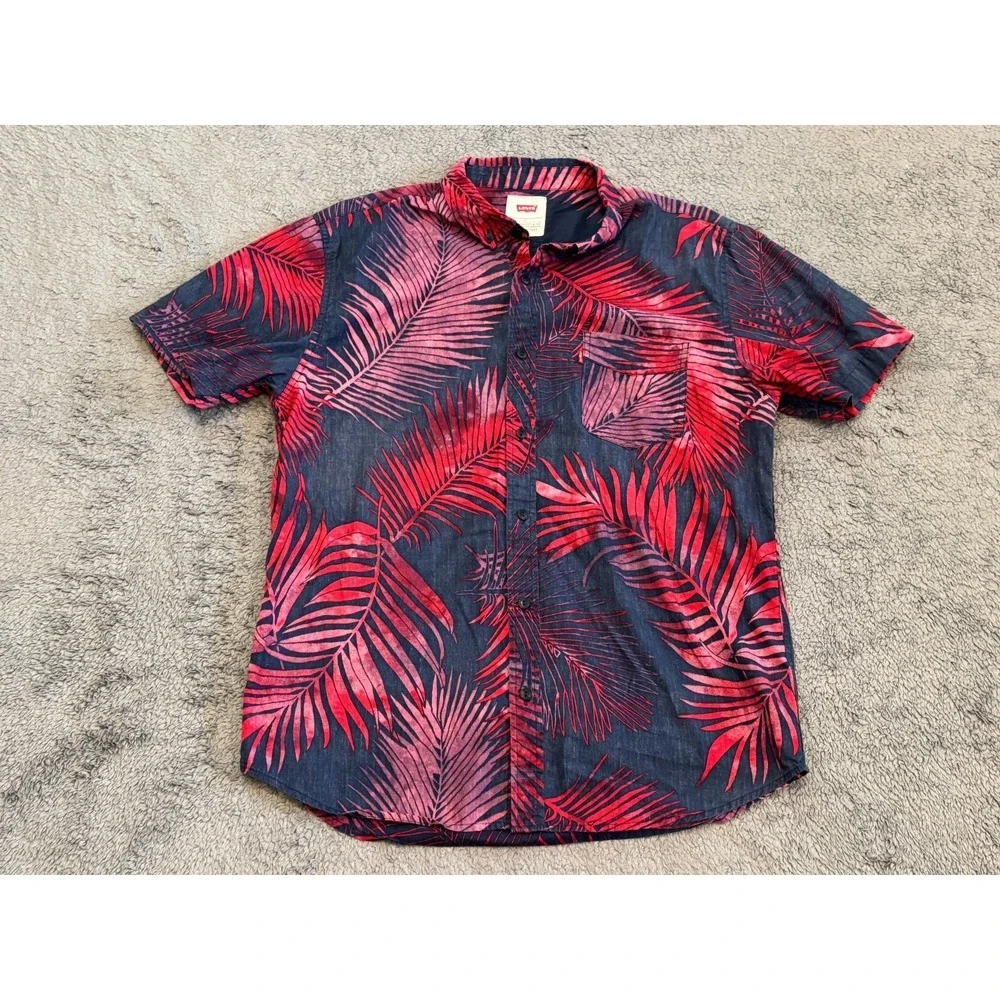 Levis Shirt Mens Large Blue Red Palm Leaves Beachy Casual Vacay Tropical